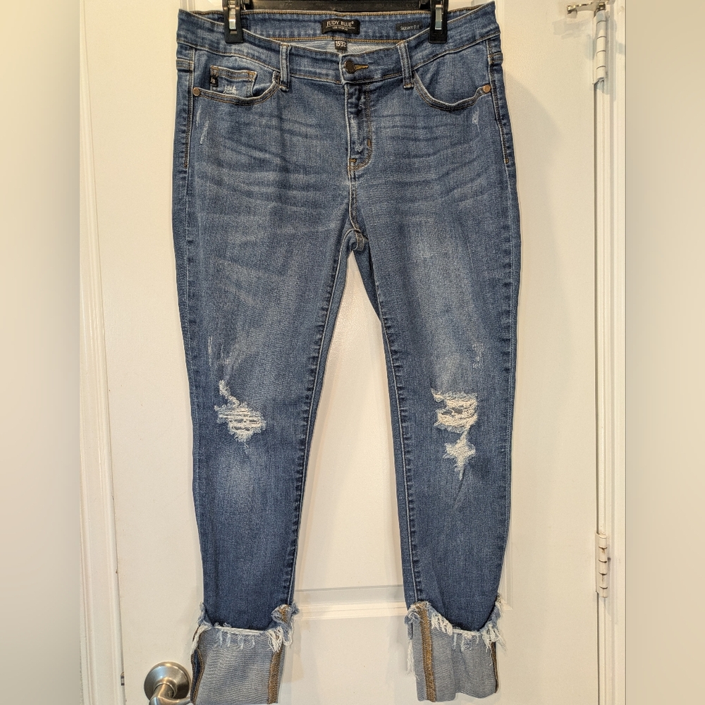 Judy Blue 15/32 Skinny Distressed Jeans Raw Hem Cuffed Stretch Mid Rise 32x27